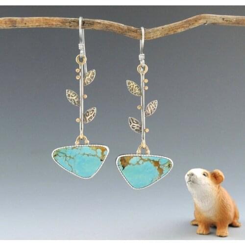 Bohemian Triangle Blue Resin Stone Earrings Lovely Jewelry Plant Branch Tree Leaves Statement Drop Dangle Earrings