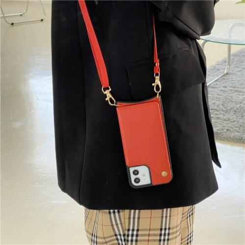 Messenger bag with mirror card phone case For iphone 12 11 pro max Xs max XR X 8 7 plus Long strap Crossbody leather phone cover