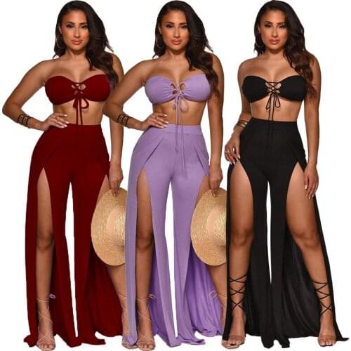2pcs Suit Clothes Set Female Solid Color Sleeveless Strapless Bandage Crop Tops Loose Pants for Summer Women Ladies Fashion New