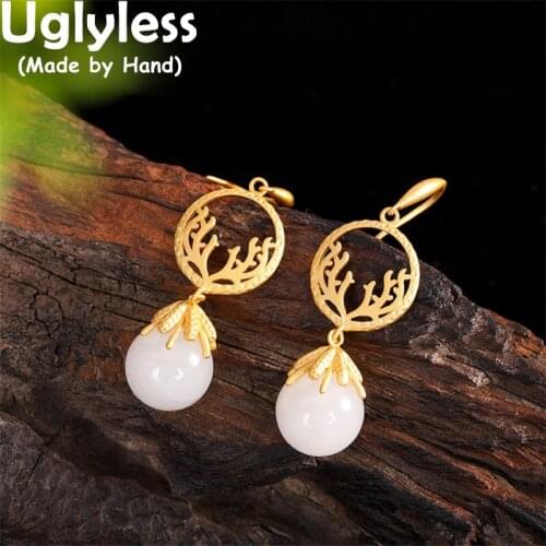Uglyless 100% Real Hotan Jade Gemstones Earrings for Women 925 Silver Antlers Earrings Hollow Ethnic Jewelry Gold Brincos Bijoux