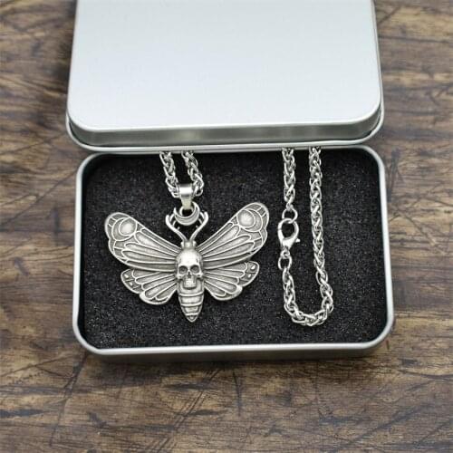 Wiccan Death Head Skull Moth Butterfly Charm Pendant Necklace Gothic Witchcraft Jewelry
