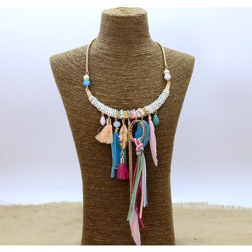 Plastic Rice Beads Statement Necklaces Feather Tassels Neck Short Chain Women Ethnic Jewelry Female Collar Bijoux N15559