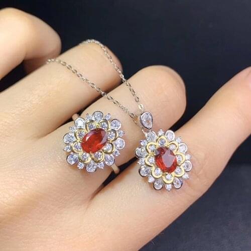 Chic Red Crystal Ruby Gemstones Diamonds Flowers Pendant Necklaces Rings for Women 18k White Gold Color Party Jewelry Sets Gifts