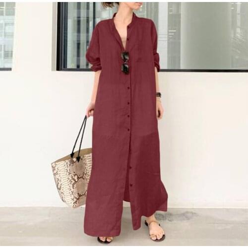 2021 Autumn Elegant Solid Work Shirt Dress ZANZEA Maxi Sundress Women Long Sleeve Cotton Linen Vestidos Female Robe Plus Size