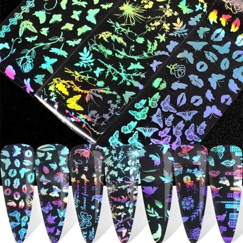 10pcs Holographic Laser Butterfly Nail Foils Flowers Leaf Letter Nail Stickers Rose Lips Transfer Polish Slider Decor SAHD21