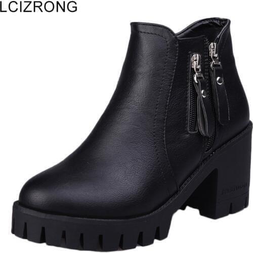 LCIZRONG New PU Leather 7.5CM High Heel Boots Women Round Toe Warm England Style Platform Ankle Boots Black Thick Bottom Shoes