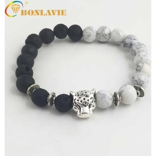 BONLAVIE Men and Womens General Natural Stone Leopard Head Beads Bracelet