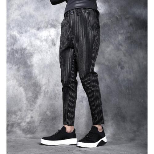Spring autumn personality stripe trousers mens pants harem pant mens feet trousers fashion pantalon homme street novelty black