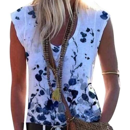 Flower pattern T-Shirts Plus Size Women Sleeveless Printed V-Neck blusas mujer manga- young beauty tshirts