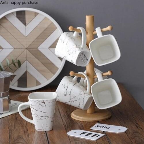 Ceramic Water Cup 6-piece Set Wooden Cup Holder Drain Rack Tea Set Coffee Mug Afternoon Tea Cups Milk Mug Decorative Teaware Set