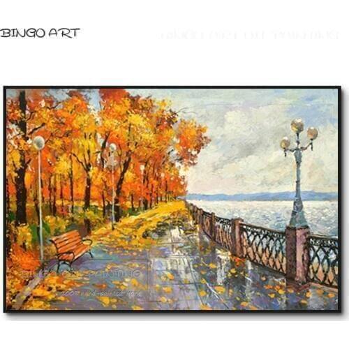 Nice Artwork Hand-painted Autumn Landscape Oil Painting Beautiful Garden Fall Oil Painting Autumn Leaves and Seaside Painting