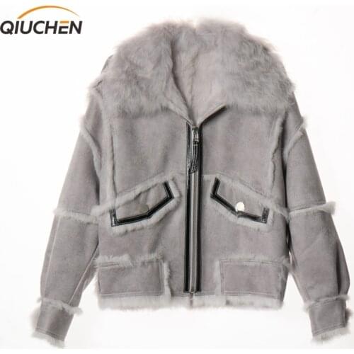 QIUCHEN PJ21016 new arrival women winter real fur jacket real sheep fur shearling mongolian fur collar women winter coat fashion