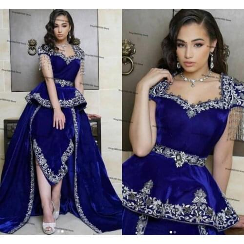 Mermaid Moroccan Kaftan Prom dresses With Tassel royal blue peplum Algerian outfits Karako Velour Appliques Islamic evening Gown