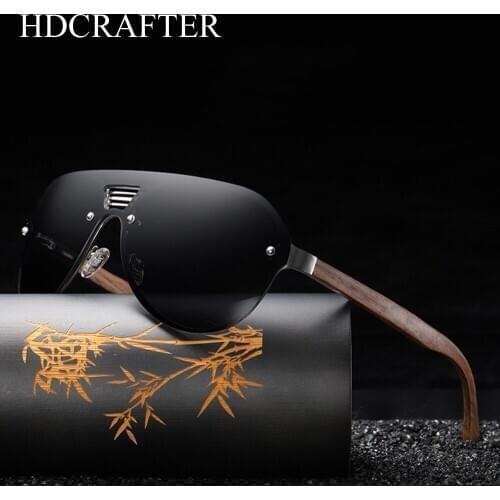 HDCRAFTER 2020 Mens Rimless Sunglasses Polarized Walnut Wood Mirror Lens Sun Glassess Women Brand Design Oversized Glasses