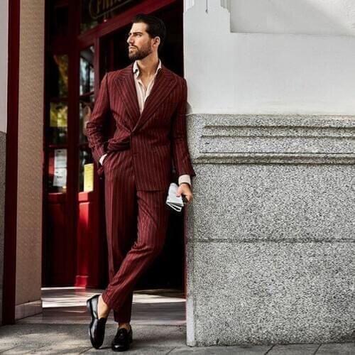 Burgundy Rope Stripe Mens Slim Fit Business Suits Double Breasted Peaked Lapel Prom Blazer Custom Made Jacket and Pants