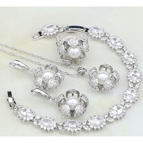 Flower White Pearl Cubic Zirconia 925 Silver Jewelry Set For Women Wedding Bracelet/Earrings/Ring/Pendant/Necklace