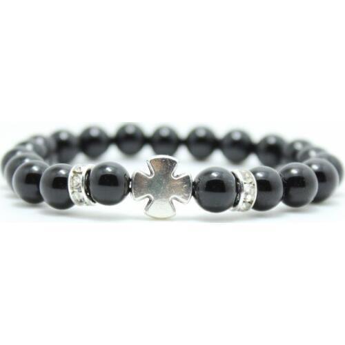 Natural 8MM stone beads & Alloy cross pendant charm stretch bangle bracelet men women jewelry
