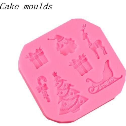 Wholesale xmas Santa Claus sleigh deer pine shape chocolate mold clay mold decoration for xmas fondant cake border silicone mold