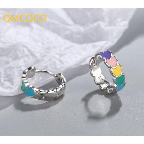 QMCOCO Korean 925 Silver Simple Punk Colorful Heart-Shaped Earring Sweet Elegant Fashion Personality Earrings For Woman And Girl