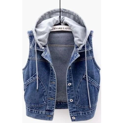 2021Denim Vest Womens Spring and Autumn Clothes Sleeveless Wild Tops Short Hooded Jacket Women Denim Jeans Vest Jacket Female