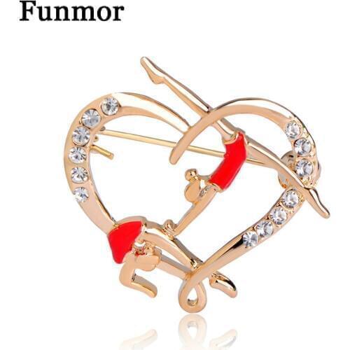 Love Heart Shape Figure Brooch Rhinestone Gymnastics Club Badge Collar Clip Pins Enamel Double Dancer Brooches For Women Men
