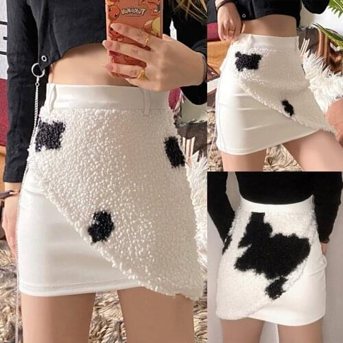 Womens Slim Fit Pack Hip Fashion Plush Cow Pattern Skirt White
