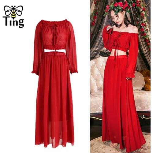 Tingfly Sexy Cold Shoulder Slash Neck Crop Tops + Elastic Skirt Women Fashion 2 pcs Sets Lady Boho Dress Summer 2 pcs Sets