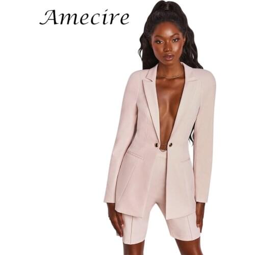 Amecire New 2020 Women Blazer Shorts Suit Elegant Single Button Blazer Coat And Short Pant Chic Casual Fashion Outfits Women Set