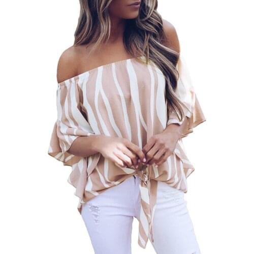 Summer Loose Sexy Slash Neck Printed Hem Knotted Pullover Top Women Shirts Fashion Casual Flared Short Sleeves Sexy Strapless