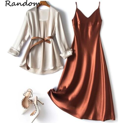 Women Summer Office Acetate Satin Dress Suit Jacket Coat Top And SundressTwo Piece Set Outfit Solid French Workwear Clothing