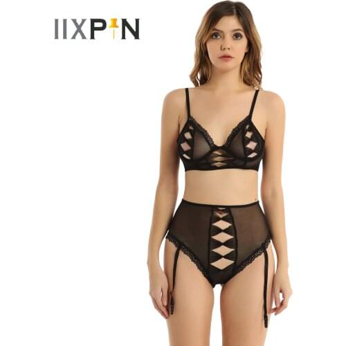 Womens See-through Lingerie Suit Hollow Out Bowknot Lace Trimming Mesh Underwear Underwire Unlined Bra Tops with Garters Briefs