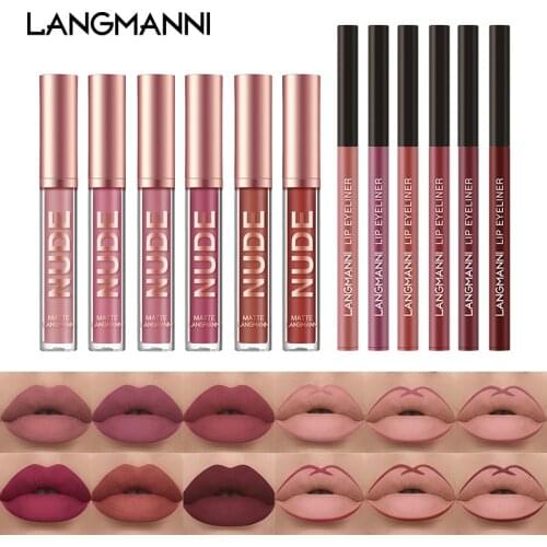 12Pcs/set LANGMANNI 6Pcs Liquid Lip Gloss 6Pcs Lip Liner Set Velvet Matte Lipstick Waterproof Long Lasting Lip Glaze Makeup