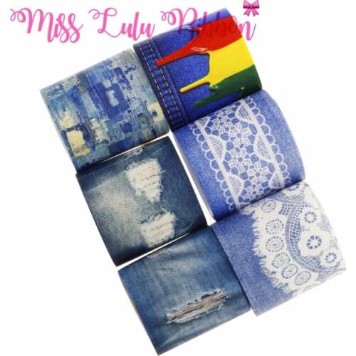 16mm-75mm Jeans Patterns Printed Grosgrain Ribbon/Foe Hair Band Making Denim Like Gift Packing Stuffs 50yards/roll