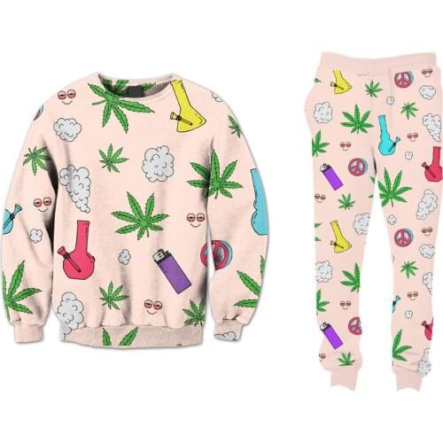 Real US Size Unisex Stoner 420 Sublimation Print Fashion Crewneck Sweatshirt Hoodies Pants 2 Pcs Set Tracksuits