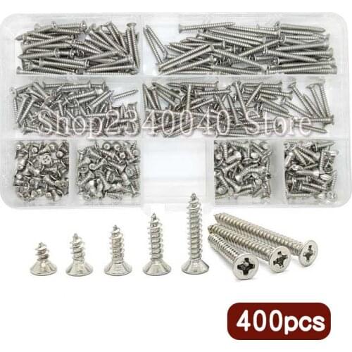 400pcs M3 Cross Flat Head Self Tapping Screw 304 stainless steel Phillips Flat Head Screws Wood Screw Assortment Kit 6-30mm