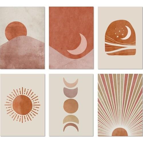Canvas Painting Abstract Landscape Sun and Moon Scene Boho Prints Wall Art Pictures Posters for Living Room Home Decor