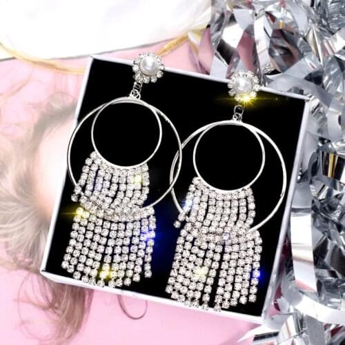 Long Tassels Fashion Circle Rhinestone Hook Earrings For Women Statement Big Silver/Gold Color Round Circle Loop Party Gifts