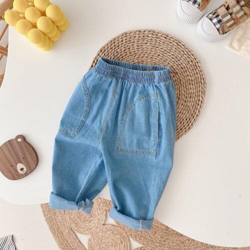 Autumn Children Boys Solid Denim Jeans Casual Trousers Full Length Kids Girls Harem Pants