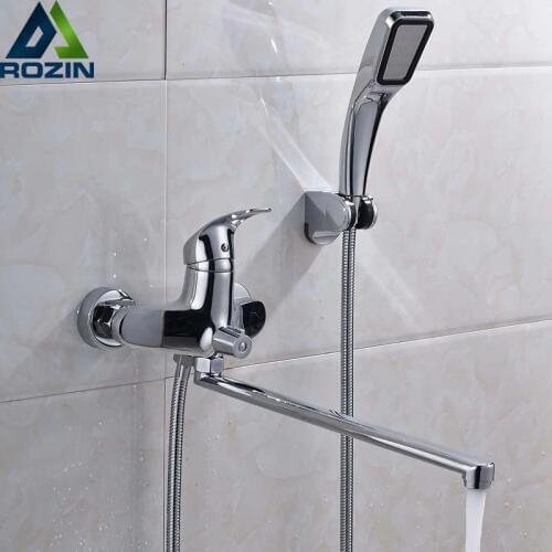 Polish Chrome Bath Shower Faucet Wall Mounted Long Nose Bathtub Sink Taps with Hand Shower and Bracket