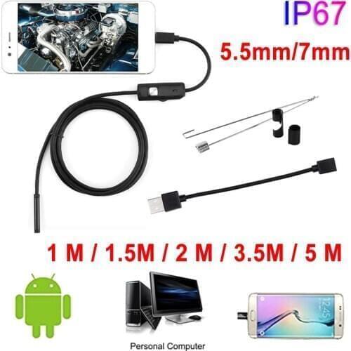 5.5mm 7mm Endoscope Camera 6 LEDs Adjustable 1M/1.5M/2M/3.5M/5M Flexible IP67 Waterproof Inspection Borescope Camera For Android