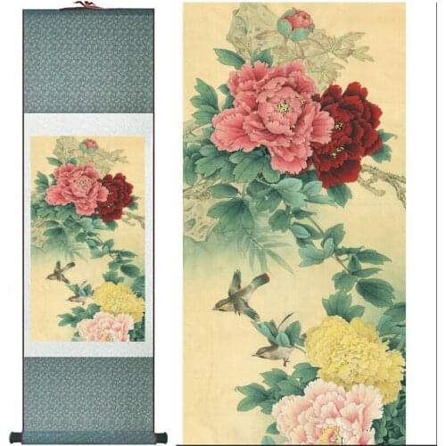 Peony Painting Home Office Decoration Chinese scroll painting birds painting peony and birds paintingsPrinted painting