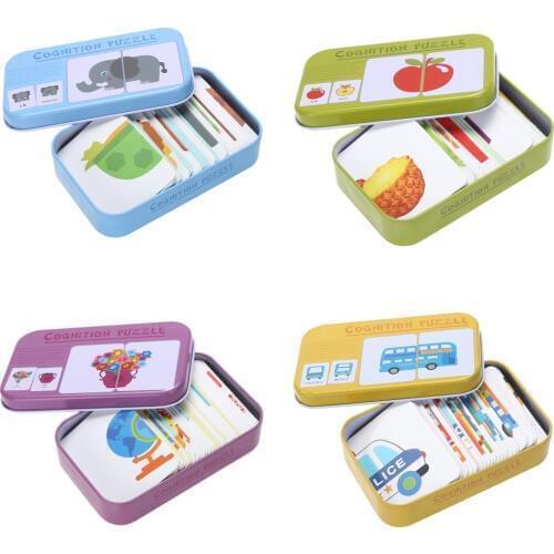 Cards Matching Game Box Baby Kids Iron Box Vehicle/Animal/Fruit/Daily Articles Cards Matching Game Preschool Educational Toy