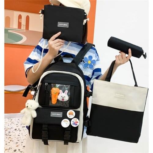 4-piece Set Fashion Womens Backpack Bear Pendant Canvas School Bag For Girls Trend Badge Student Waterproof Shoulder Bags 2021