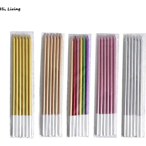 Multi-color Gold-plated slender pencil candle gold silver blue birthday candle long pole party candle package decoration