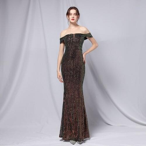 Fashion Sequined Slash Neck Off The Shoulder Mermaid Evening Dresses Long Luxury 2021 Party Gown Elegant Night Club Dress Women
