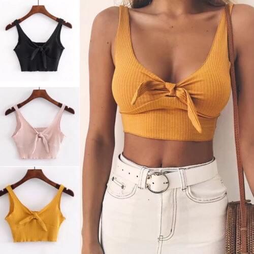 Fashion Women Ribbed Bow Tie Camisole Tank Tops Summer Basic Crop Top Streetwear Cool Girls Cropped Tees Camis