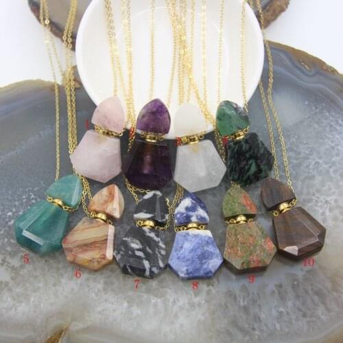 New! Natural Stone Faceted Slabs Perfume Bottle Pendant Necklaces,Gems Slice Essential Oil Diffuser Vial Charms Chains Jewelry