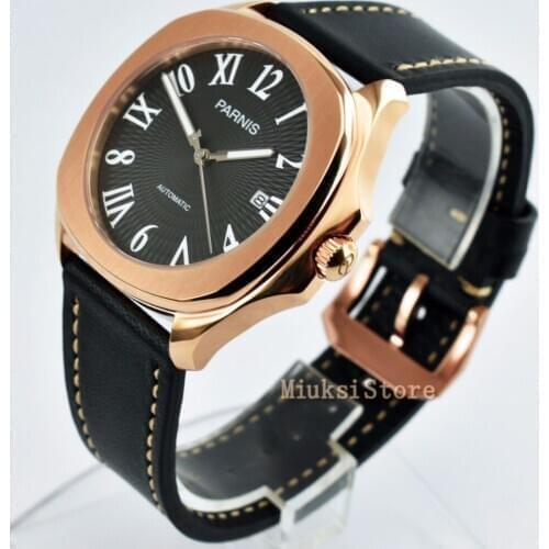 Mens luxury watch PARNIS 40mm black dial scratch proof mineral glass luminous automatic mechanical waterproof watches