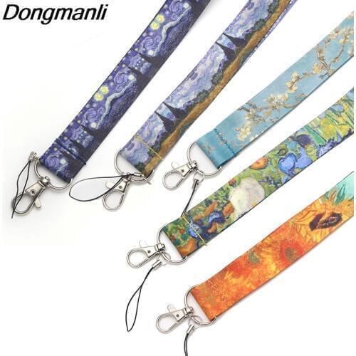 P1906 Dongmanli 1pcs Van Gogh Keychain Lanyards Id Badge Holder ID Card Pass Gym Mobile Phone USB Badge Holder Key Strap