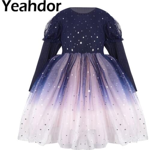 Flower Girls Dresses Sequins Stars Gradient Color Kids Long Sleeve Crochet Bodice Tutu Princess Dress for Wedding Party Dresses